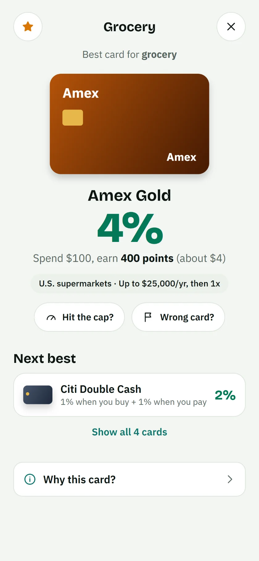Lucro answer screen: at the grocery store, use Amex Gold for 4% back